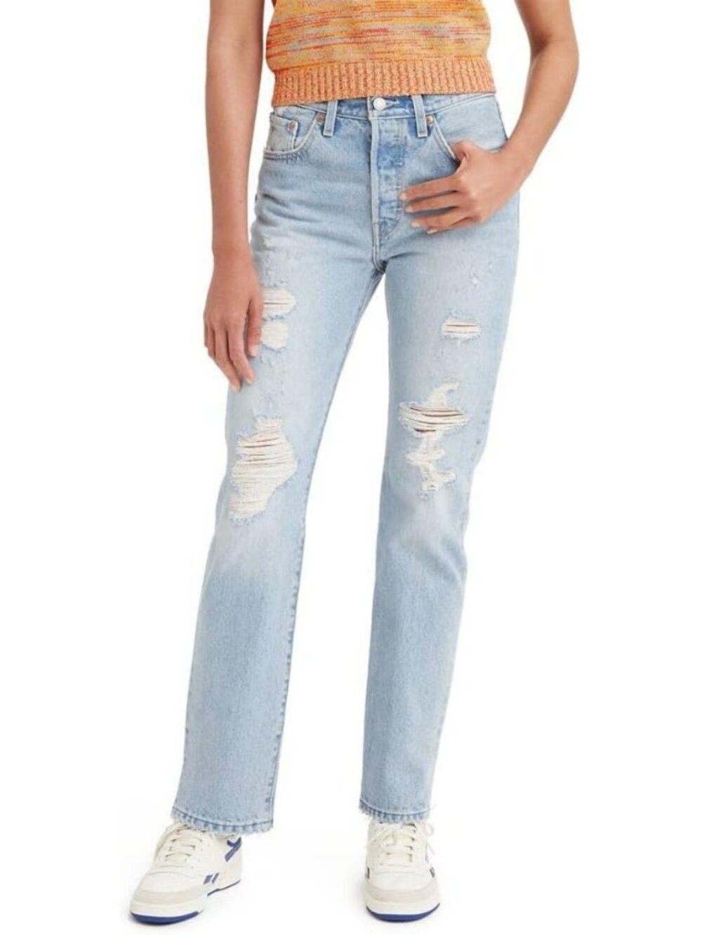 Levi's Women's Premium 501 Original Fit Jean Light Indigo Destructed 28 x 30